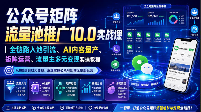 公众号矩阵流量池推广10.0实战课｜全链路入池引流、AI内容量产、矩阵运营、流量主多元变现实操教程-HEIXMI（中国站）