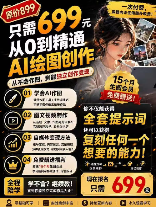 抖音10W粉丝博主的AI绘图教学，从0到精通AI绘图创作，从不会作图到能独立创作变现-HEIXMI（中国站）
