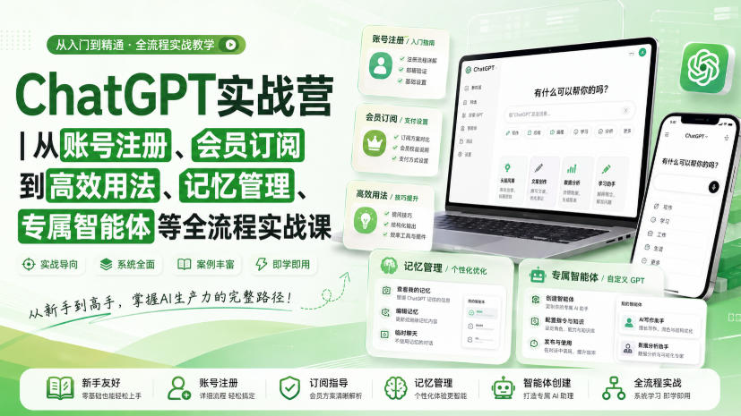 ChatGPT实战营｜从账号注册、会员订阅到高效用法、记忆管理、专属智能体等全流程实战课-HEIXMI（中国站）