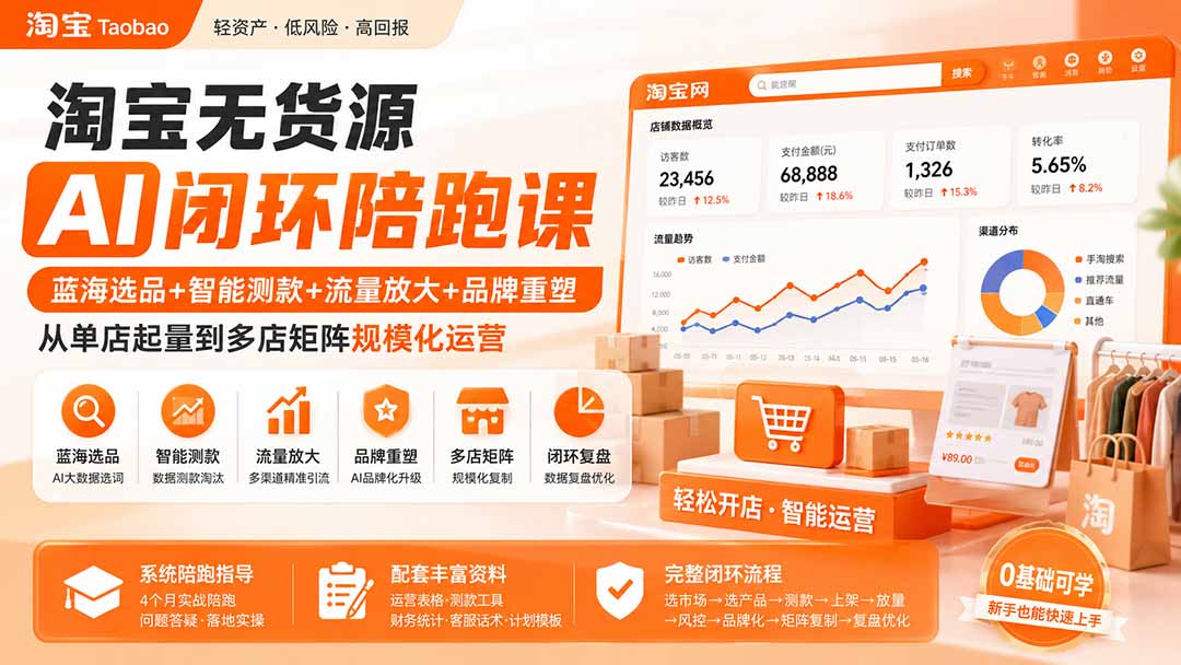 淘宝无货源AI闭环陪跑课：蓝海选品+智能测款+流量放大+品牌重塑，从单店起量到多店矩阵规模化运营-HEIXMI（中国站）