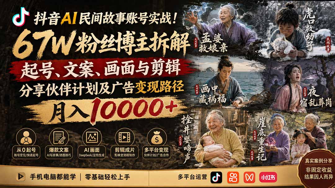 抖音AI民间故事账号实战！67W粉丝博主拆解起号、文案、画面与剪辑，分享伙伴计划及广告变现路径，月入10000+-HEIXMI（中国站）
