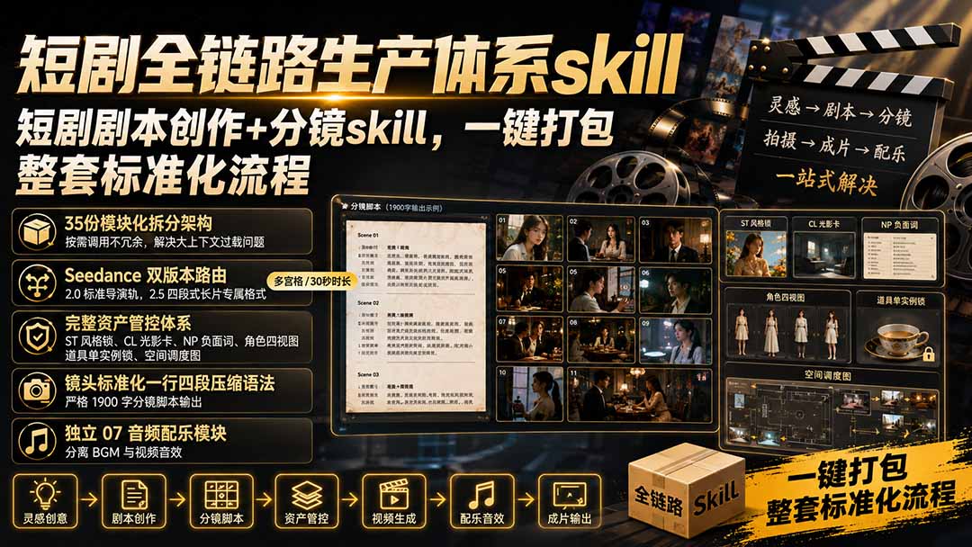 短剧全链路生产体系skill，短剧剧本创作+分镜skill，一键打包，整套标准化流程-HEIXMI（中国站）
