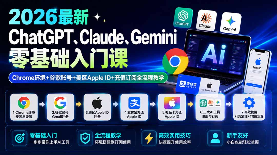 2026最新ChatGPT、Claude、Gemini零基础入门课：Chrome环境+谷歌账号+美区Apple ID+充值订阅全流程教学-HEIXMI（中国站）