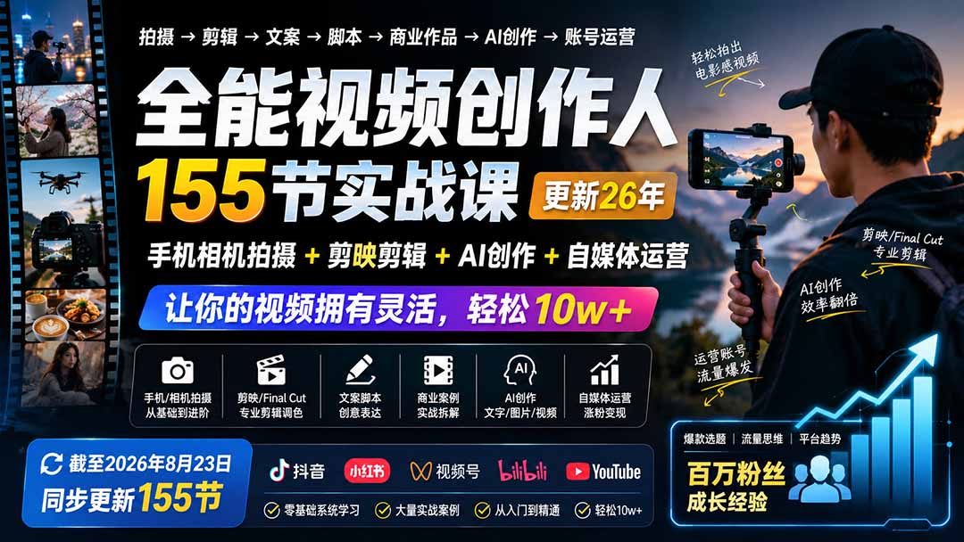 全能视频创作人155节实战课-更新26年8月：手机相机拍摄+剪映剪辑+AI创作+自媒体运营，让你的视频拥有灵活，轻松10w-HEIXMI（中国站）