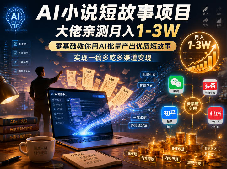 AI小说短故事项目，大佬亲测月入1-3W，零基础教你用AI批量产出优质短故事，实现一稿多吃多渠道变现(更新0824)-HEIXMI（中国站）