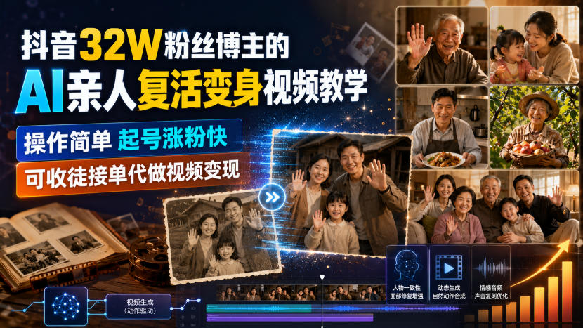 抖音32W粉丝博主的AI亲人复活变身视频教学，操作简单，起号涨粉快，可收徒接单代做视频变现-HEIXMI（中国站）