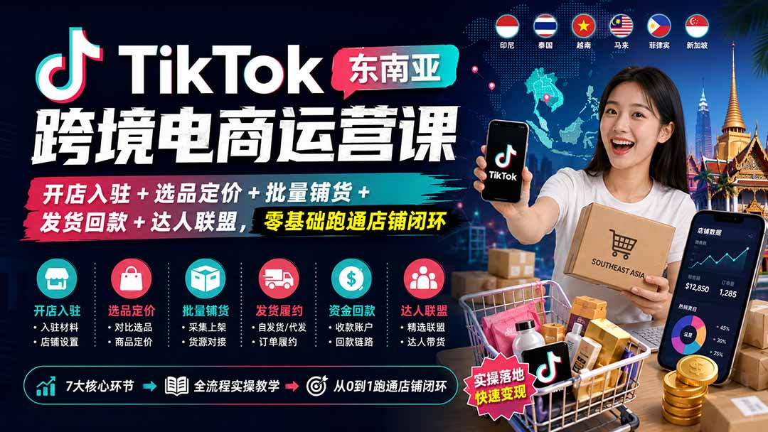 TikTok东南亚跨境电商运营课：开店入驻+选品定价+批量铺货+发货回款+达人联盟，零基础跑通店铺闭环-HEIXMI（中国站）