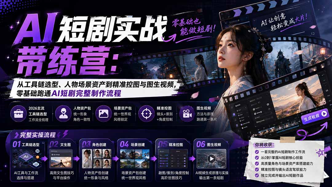 AI短剧实战训练营：从工具链选型、人物场景资产到精准控图与图生视频，零基础跑通AI短剧完整制作流程-HEIXMI（中国站）