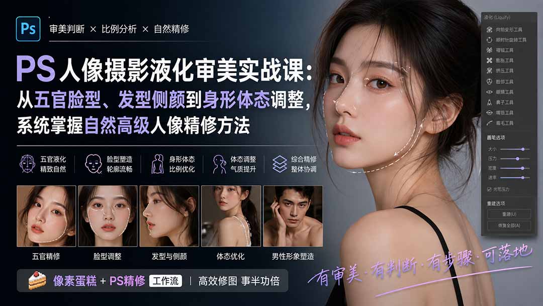 PS人像摄影液化审美实战课：从五官脸型、发型侧颜到身形体态调整，系统掌握自然高级人像精修方法-HEIXMI（中国站）