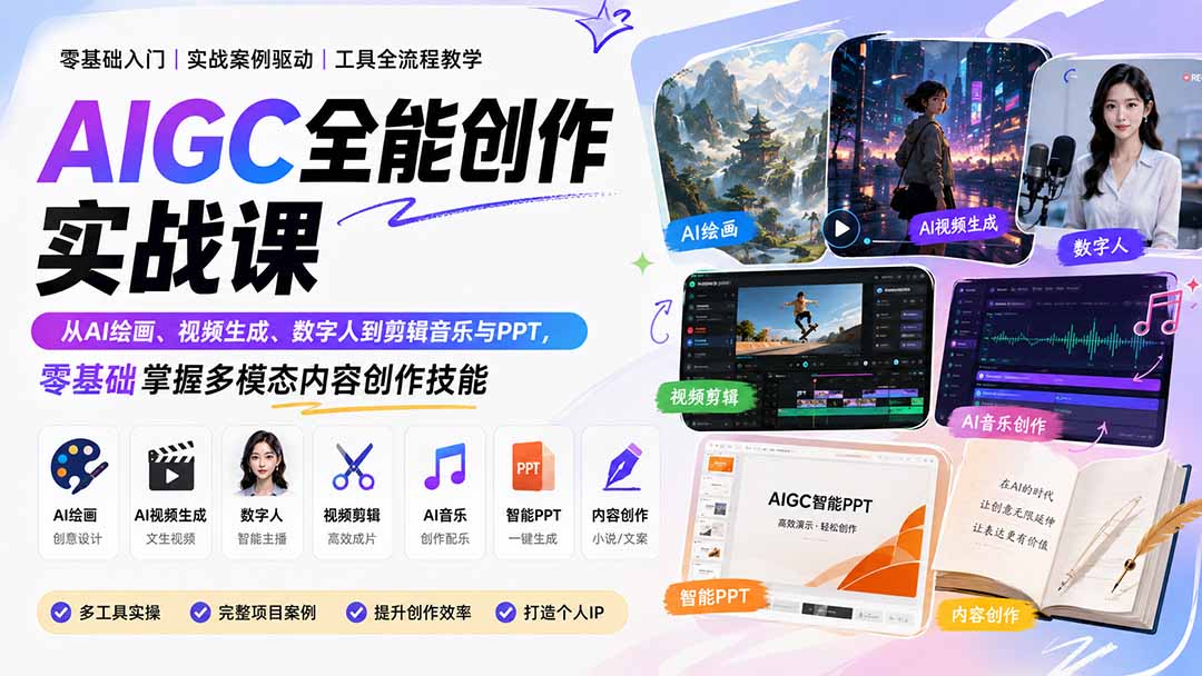 AIGC全能创作实战课：从AI绘画、视频生成、数字人到剪辑音乐与PPT，零基础掌握多模态内容创作技能-HEIXMI（中国站）