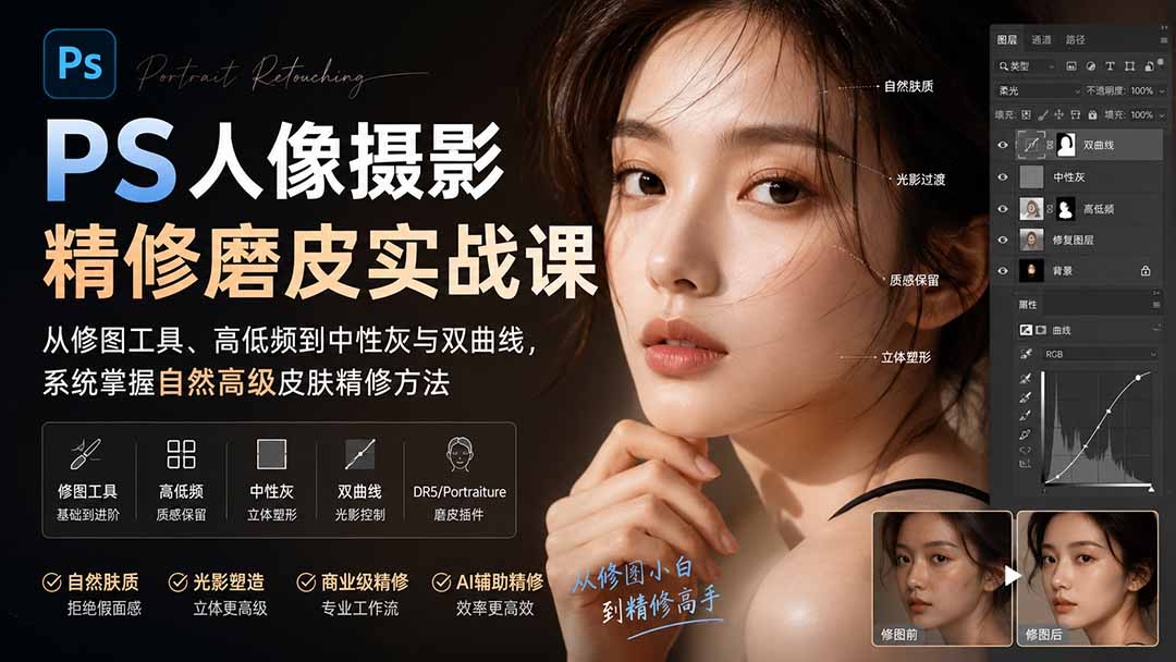 PS人像摄影精修磨皮实战课：从修图工具、高低频到中性灰与双曲线，系统掌握自然高级皮肤精修方法-HEIXMI（中国站）