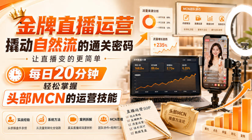 金牌直播运营撬动自然流的通关密码，让直播变的更简单，每日20分钟，轻松掌握头部MCN的运营技能-HEIXMI（中国站）