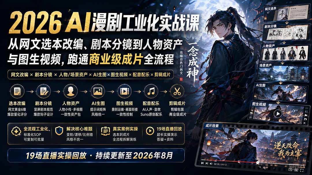 2026 AI漫剧工业化实战课-更新：从网文选本改编、剧本分镜到人物资产与图生视频，跑通商业级成片全流程-HEIXMI（中国站）