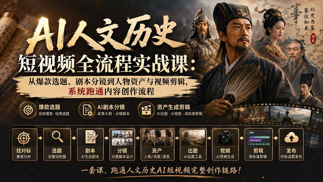 AI人文历史短视频全流程实战课：从爆款选题、剧本分镜到人物资产与视频剪辑，系统跑通内容创作流程-HEIXMI（中国站）