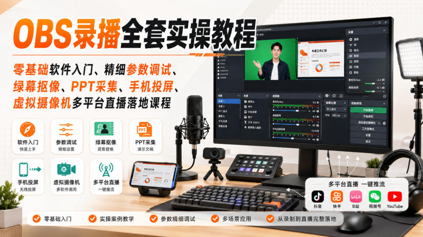 OBS录播全套实操教程|零基础软件入门、精细参数调试、绿幕抠像、手机投屏、虚拟摄像机多平台直播落地课程