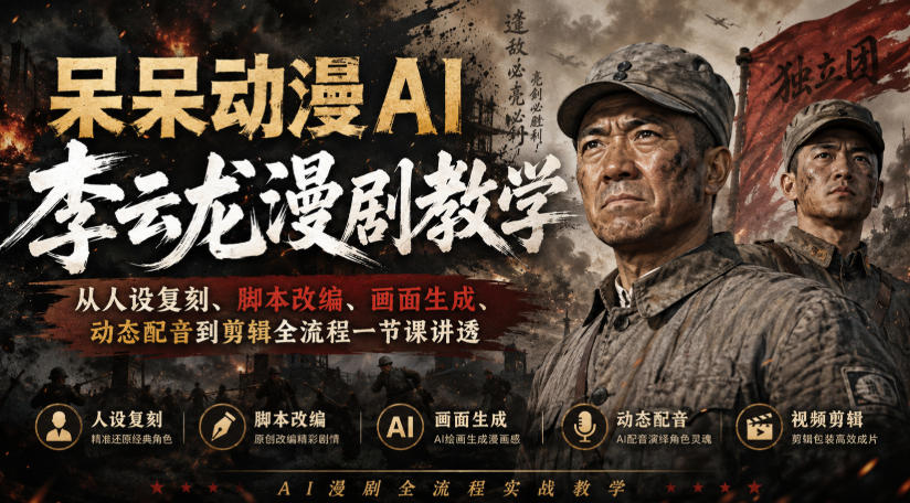 呆呆动漫AI李云龙漫剧教学，从人设复刻、脚本改编、画面生成、动态配音到剪辑全流程一节课讲透-HEIXMI（中国站）