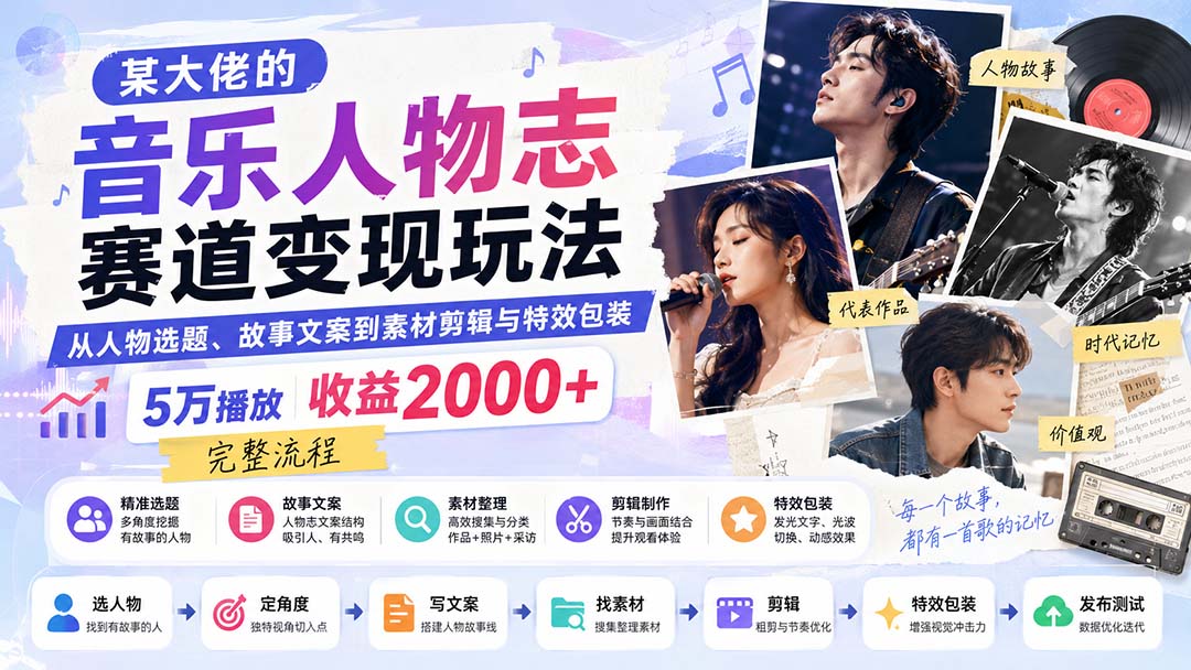 某大佬的音乐人物志赛道变现玩法：从人物选题、故事文案到素材剪辑与特效包装，5万播放收益2000+完整流程-HEIXMI（中国站）