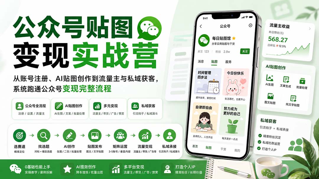 公众号贴图变现实战营：从账号注册、AI贴图创作到流量主与私域获客，系统跑通公众号变现完整流程-HEIXMI（中国站）