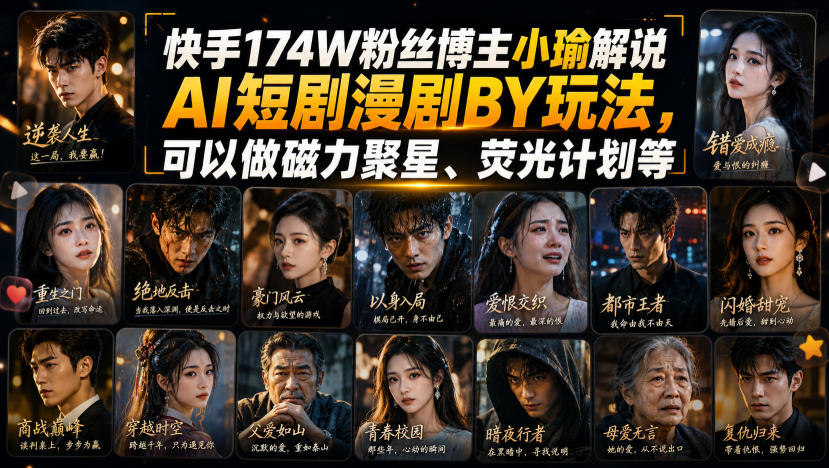 快手174W粉丝博主小瑜解说AI短剧漫剧搬运玩法，可以做磁力聚星、荧光计划等-HEIXMI（中国站）