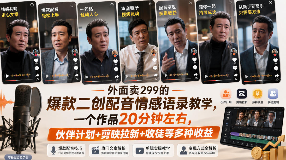 外面卖299的爆款二创配音情感语录教学，一个作品20分钟左右，伙伴计划+剪映拉新+收徒等多种收益-HEIXMI（中国站）