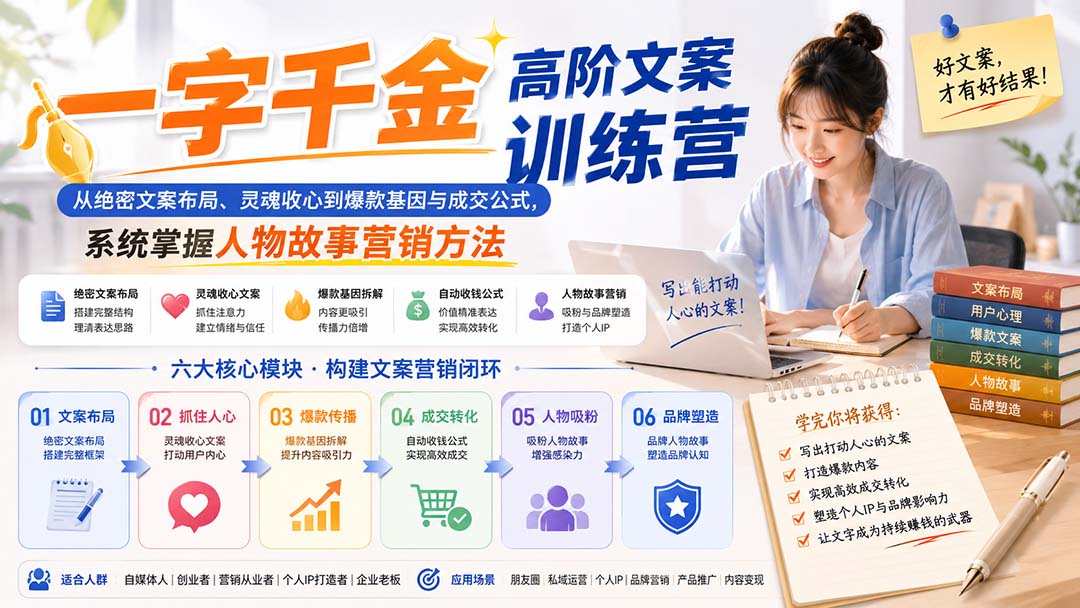 一字千金高阶文案训练营：从绝密文案布局、灵魂收心到爆款基因与成交公式，系统掌握人物故事营销方法-HEIXMI（中国站）