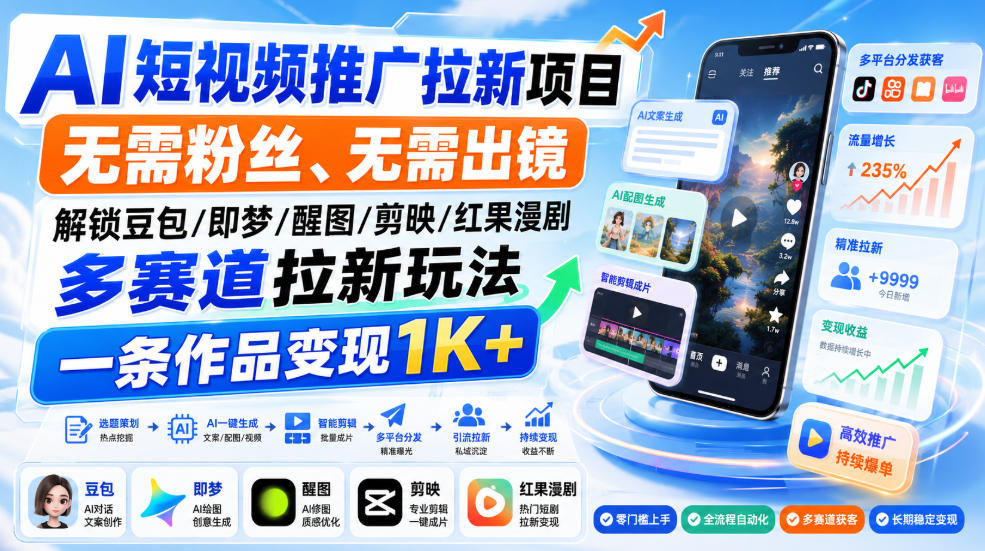 AI短视频推广拉新项目，无需粉丝、无需出镜，解锁豆包/即梦/醒图/剪映/红果漫剧多赛道拉新玩法，一条作品变现1K+-HEIXMI（中国站）