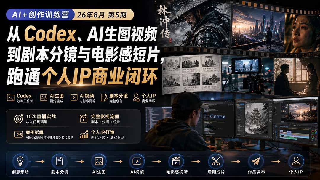AI+创作训练营26年8月第5期：从Codex、AI生图视频到剧本分镜与电影感短片，跑通个人IP商业闭环-HEIXMI（中国站）