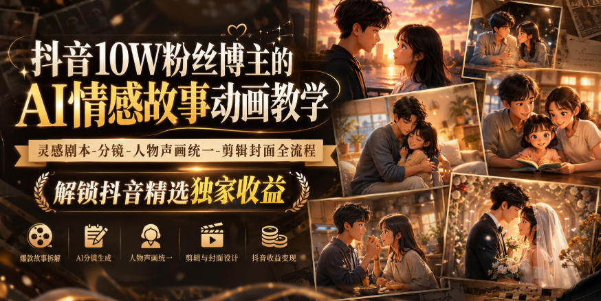 抖音10W粉丝博主的AI情感故事动画教学，灵感剧本‑分镜‑人物声画统一‑剪辑封面全流程，解锁抖音精选独家收益-HEIXMI（中国站）