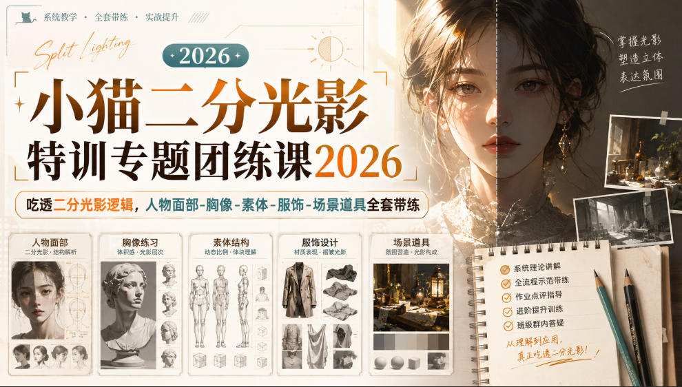 小猫二分光影特训专题团练课2026｜吃透二分光影逻辑，人物面部‑胸像‑素体‑服饰‑场景道具全套带练，高清画质附赠课件与笔刷-HEIXMI（中国站）