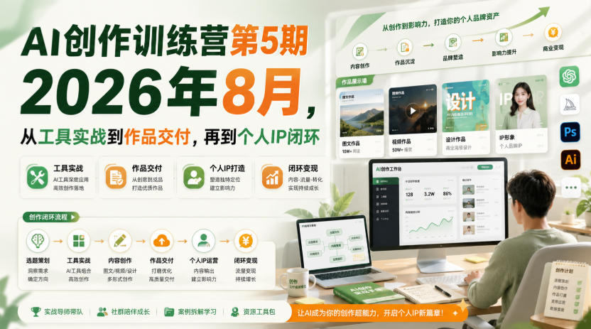 AI创作训练营第5期2026年8月，从工具实战到作品交付，再到个人IP闭环-HEIXMI（中国站）