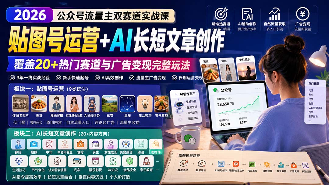 公众号流量主双赛道实战课：贴图号运营+AI长短文章创作，覆盖20+热门赛道与广告变现完整玩法-HEIXMI（中国站）