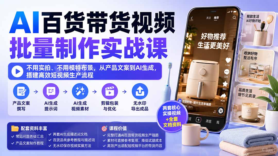 AI百货带货视频批量制作实战课：不用实拍、不用模特布景，从产品文案到AI生成，搭建高效短视频生产流程-HEIXMI（中国站）