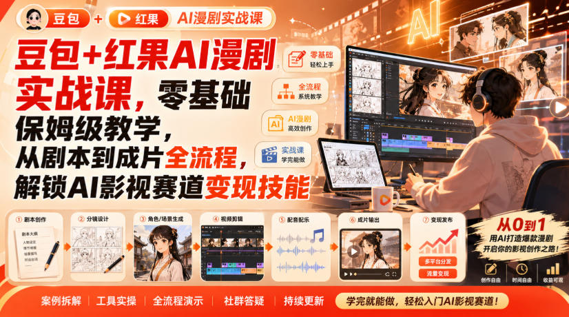 豆包+红果AI漫剧实战课，零基础保姆级教学，从剧本到成片全流程，解锁AI影视赛道变现技能-HEIXMI（中国站）
