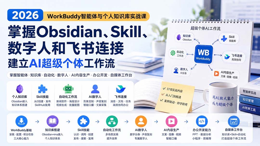 2026 WorkBuddy智能体与个人知识库实战课：掌握Obsidian、Skill、数字人和飞书连接，建立AI超级个体工作流-HEIXMI（中国站）