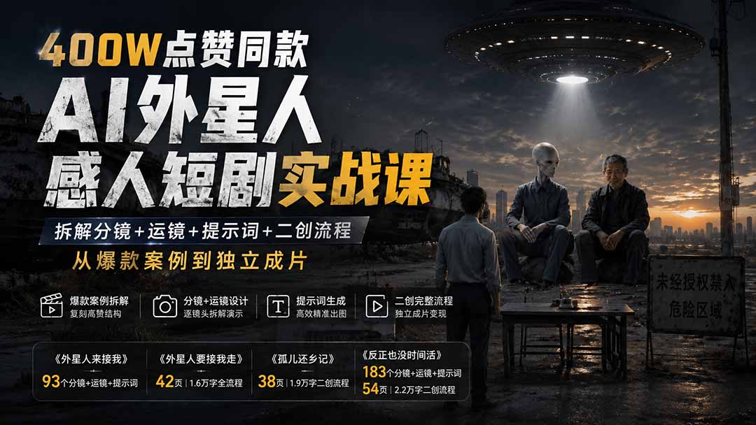 400W点赞同款AI外星人感人短剧实战课：拆解分镜+运镜+提示词+二创流程，从爆款案例到独立成片-HEIXMI（中国站）