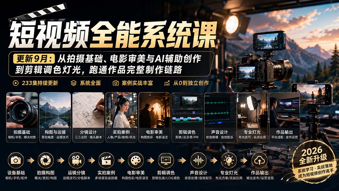 短视频全能系统课-更新8月233集：从拍摄基础、电影审美与AI辅助创作到剪辑调色灯光，跑通作品完整制作链路-HEIXMI（中国站）