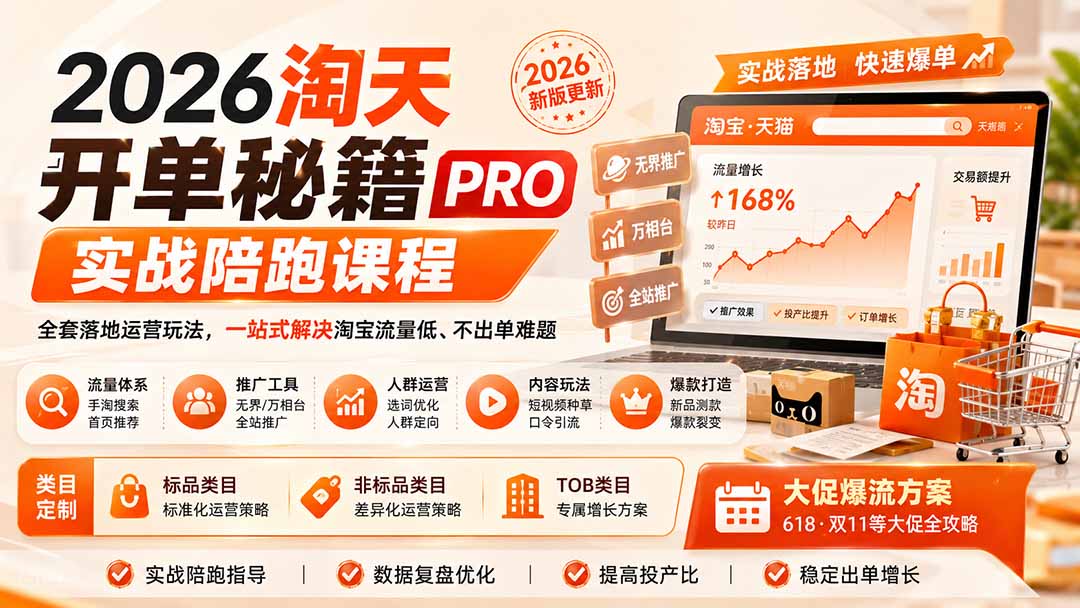 2026淘天开单秘籍PRO实战陪跑课程：全套落地运营玩法，一站式解决淘宝流量低、不出单难题(更新260823-HEIXMI（中国站）