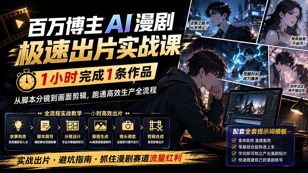 百万博主AI漫剧极速出片实战课：1小时产出条作品，从脚本分镜到画面剪辑，跑通高效生产全流程-HEIXMI（中国站）