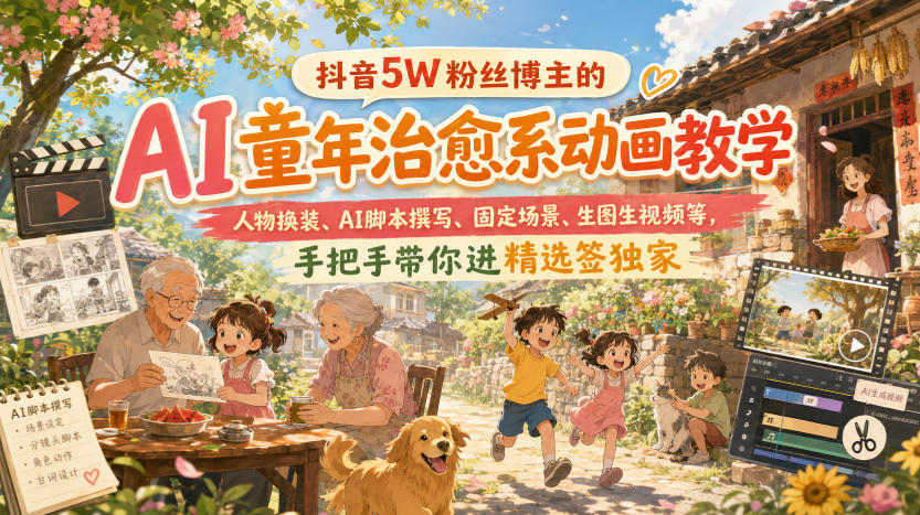 抖音5W粉丝博主的AI童年治愈系动画教学，人物换装、AI脚本撰写、固定场景、生图生视频等，手把手带你进精选签独家-HEIXMI（中国站）