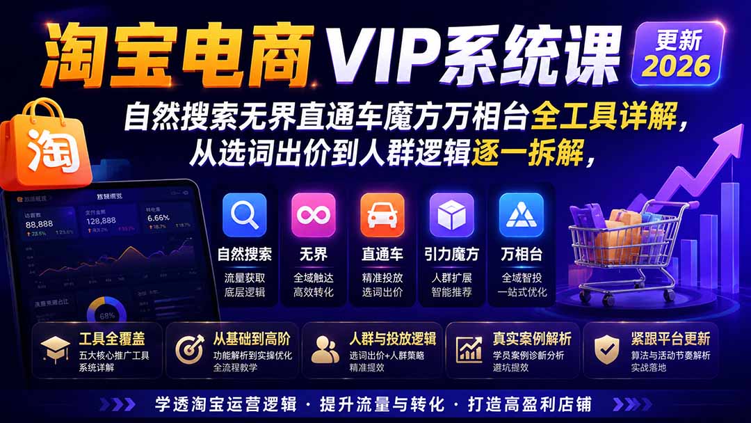 2026淘宝电商终局之战VIP课-更新：自然搜索+直通车+无界+精准人群，系统掌握测款动销与全店推广布局方法-HEIXMI（中国站）
