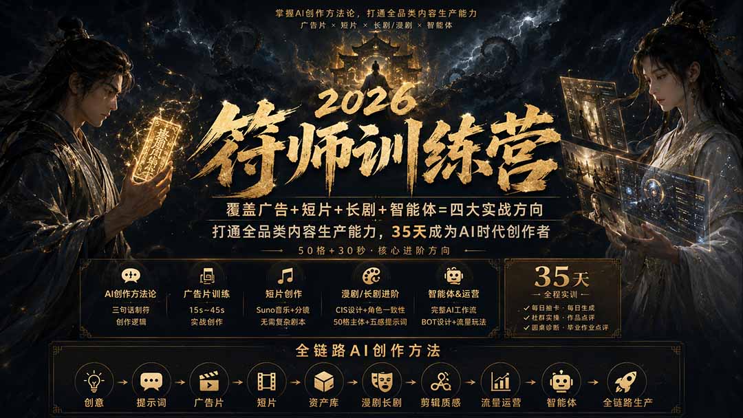 符师训练营-35天成为AI时代创作者，广告+短片+漫剧+智能体四大实战方向，掌握从创意到上线的完整工作流-HEIXMI（中国站）