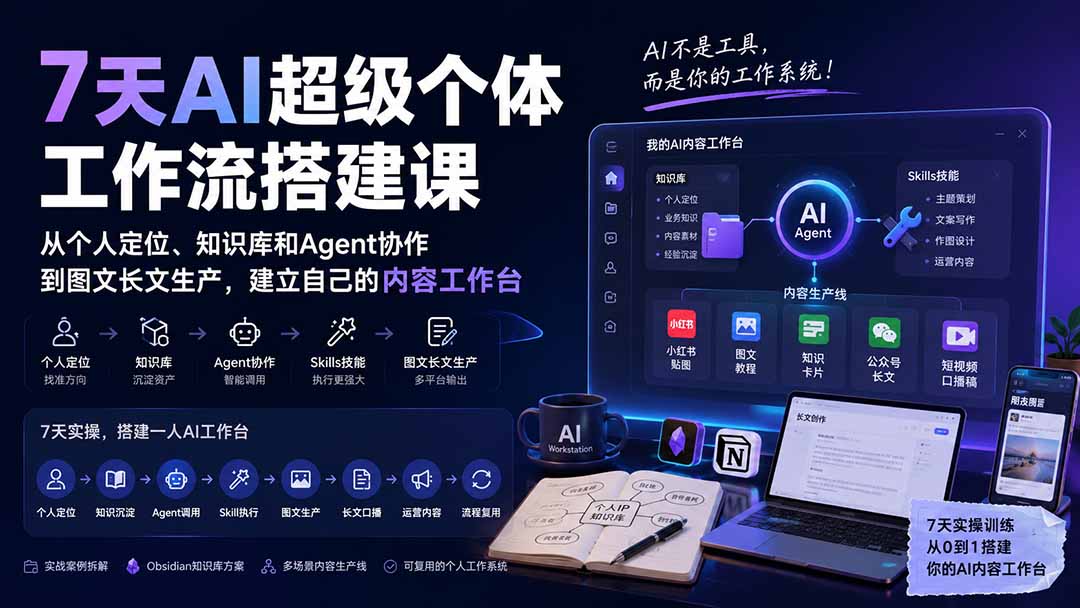 7天AI超级个体工作流搭建课：从个人定位、知识库和Agent协作到图文长文生产，建立自己的内容工作台-HEIXMI（中国站）