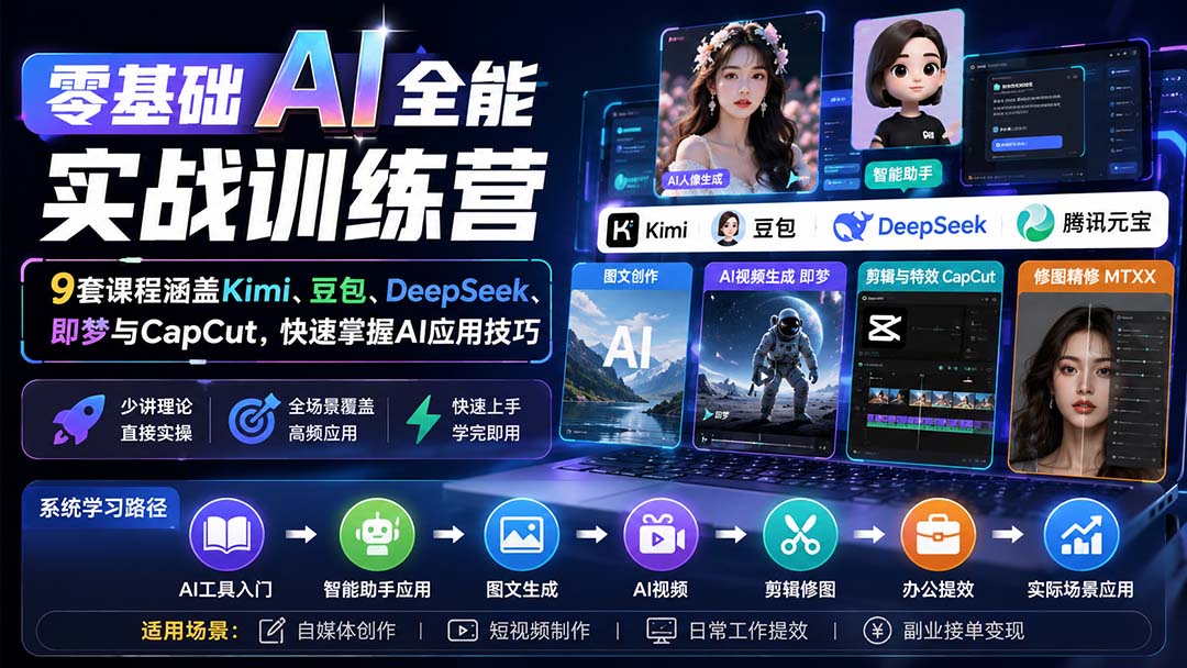 零基础AI全能实战训练营：9套课程涵盖Kimi、豆包、DeepSeek、即梦与CapCut，快速掌握AI应用技巧-HEIXMI（中国站）