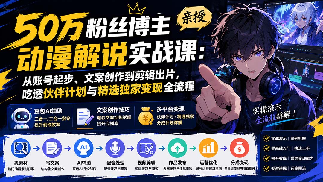 50万粉丝博主亲授动漫解说实战课：从账号起步、文案创作到剪辑出片，吃透伙伴计划与精选独家变现全流程-HEIXMI（中国站）