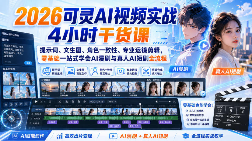 2026可灵AI视频实战4小时干货课｜提示词、文生图、角色一致性、专业运镜剪辑，零基础一站式学会AI漫剧与真人AI短剧全流程-HEIXMI（中国站）