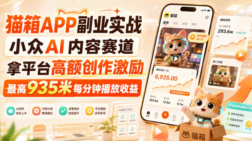 猫箱APP副业实战，小众AI内容赛道，拿平台高额创作激励，最高935米每分钟播放收益-HEIXMI（中国站）