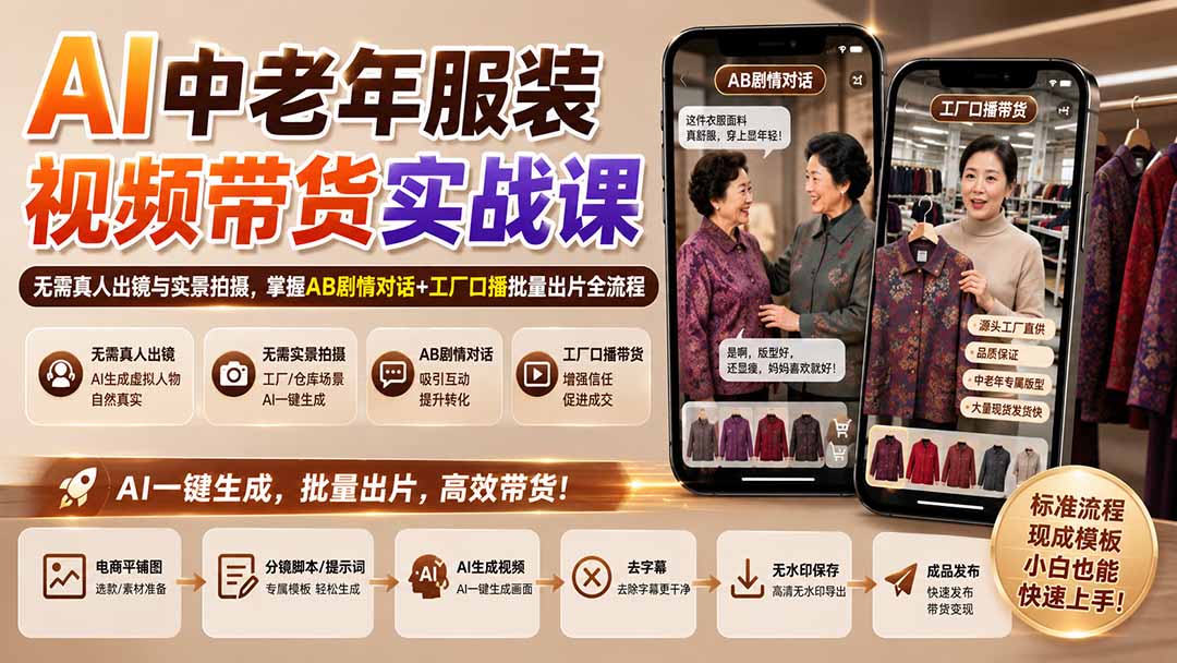 AI中老年服装视频带货实战课：无需真人出镜与实景拍摄，掌握AB剧情对话+工厂口播批量出片全流程-HEIXMI（中国站）