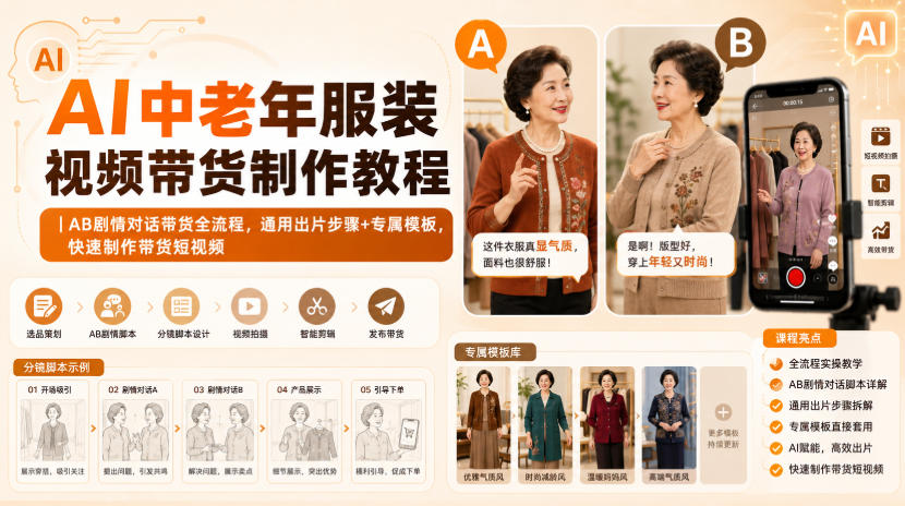 AI中老年服装视频带货制作教程｜AB剧情对话带货全流程，通用出片步骤+专属模板，快速制作带货短视频-HEIXMI（中国站）