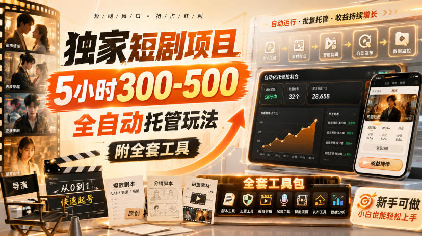 独家短剧项目，5小时300-500，全自动托管玩法，附全套工具【揭秘】-HEIXMI（中国站）
