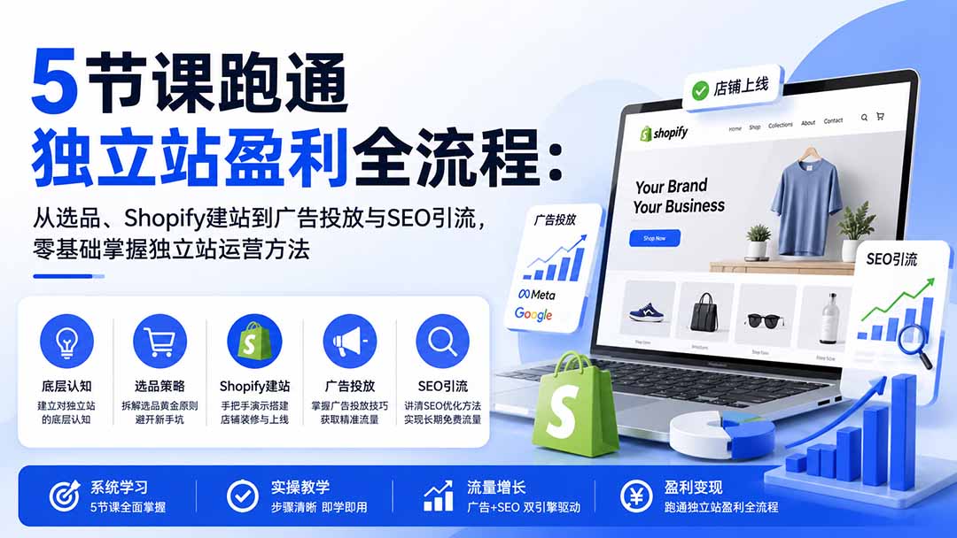 图片[1]-5节课跑通独立站盈利全流程：从选品、Shopify建站到广告投放与SEO引流，零基础掌握独立站运营方法-HEIXMI（中国站）